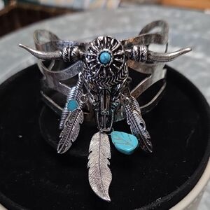 Silvertoned and Turquoise Bull Skull Bracelet